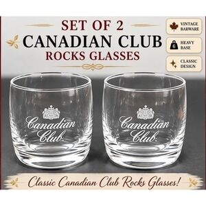 Canadian Club Whiskey Rocks Glasses Set of 2 Etched Logo Weighted Base Clear 3in